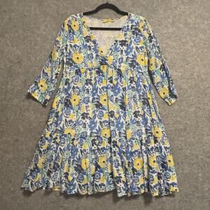 Roller Rabbit Dress Womens Size Small Blue Yellow Floral Cotton Boho Tiered Midi